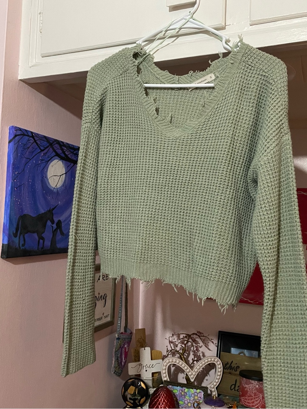 moon & madison Distressed Waffle V-Neck Sweater — Sage Green